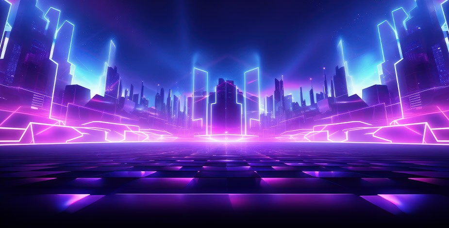 AI representation of a city skyline in neon purple and blue with white outlines of buildings
