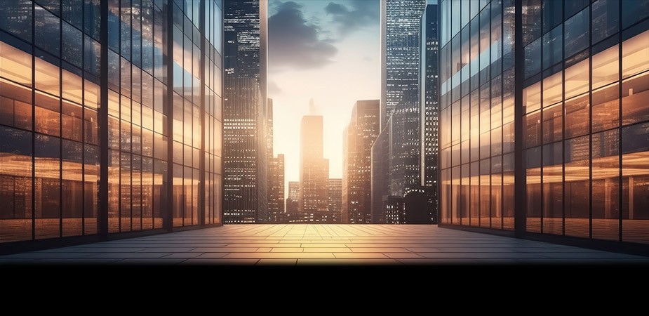 Looking between two glass buildings to a distant skyscraper during sunset