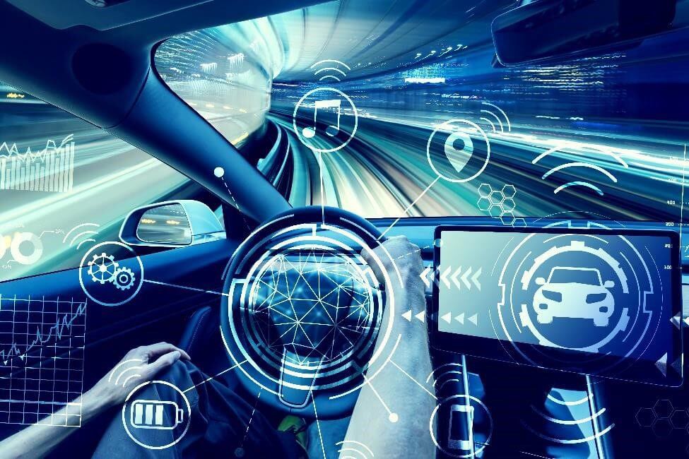 Icons highlighting features of in-vehicle infotainment (IVI) system in car driving through tunnel