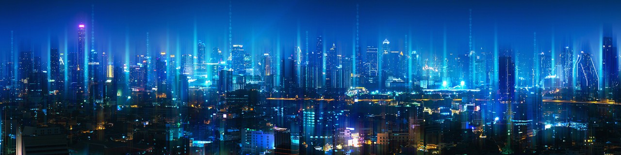 city skyline in blue with shining lights
