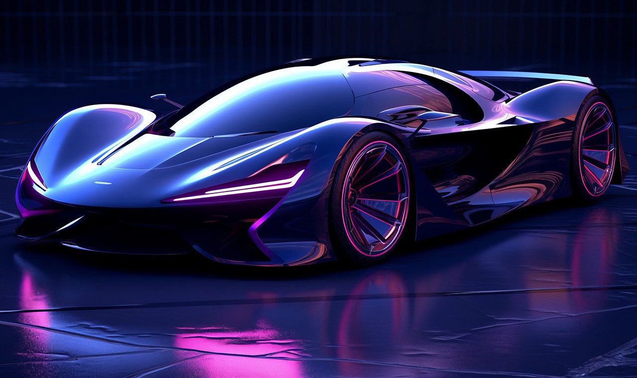 futuristic car on road in purple lighting