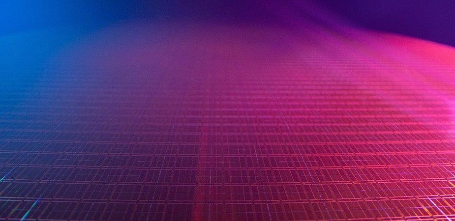 Extreme close-up of wafer in purple and blue hue