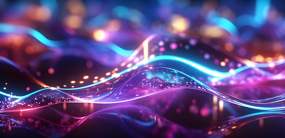 Abstract glowing blue, purple and pink wavy lines representing organized digital media