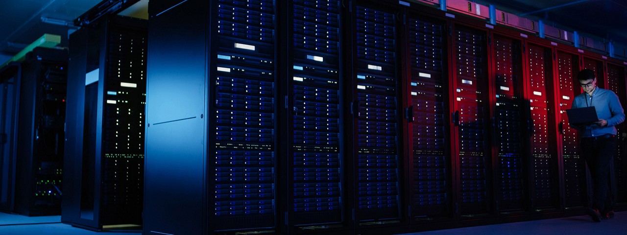 wide shot of data centers in blue tint